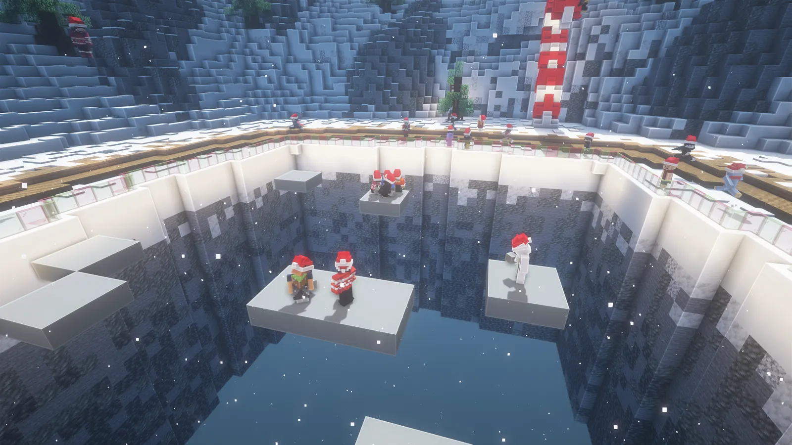 Players on platforms above a pit