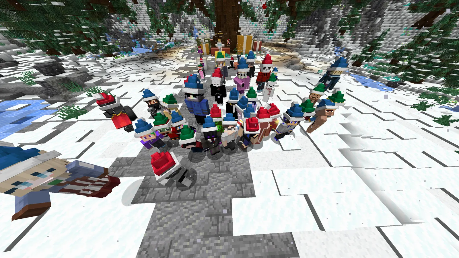 Players crowding around the lobby tree