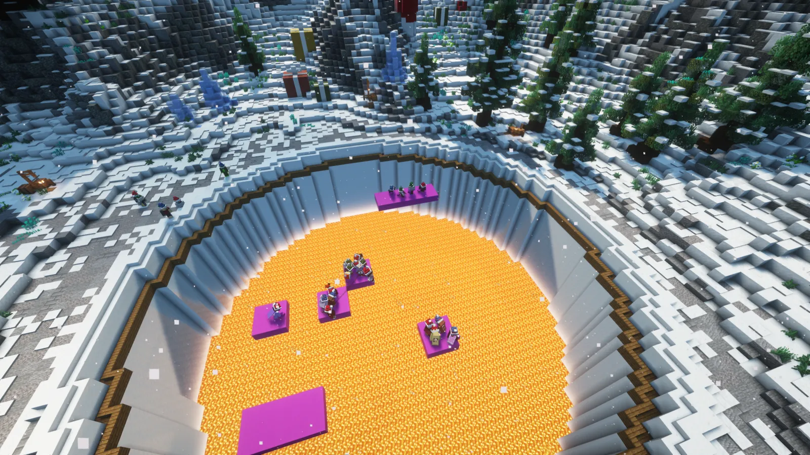Players on platforms above a yellow arena floor