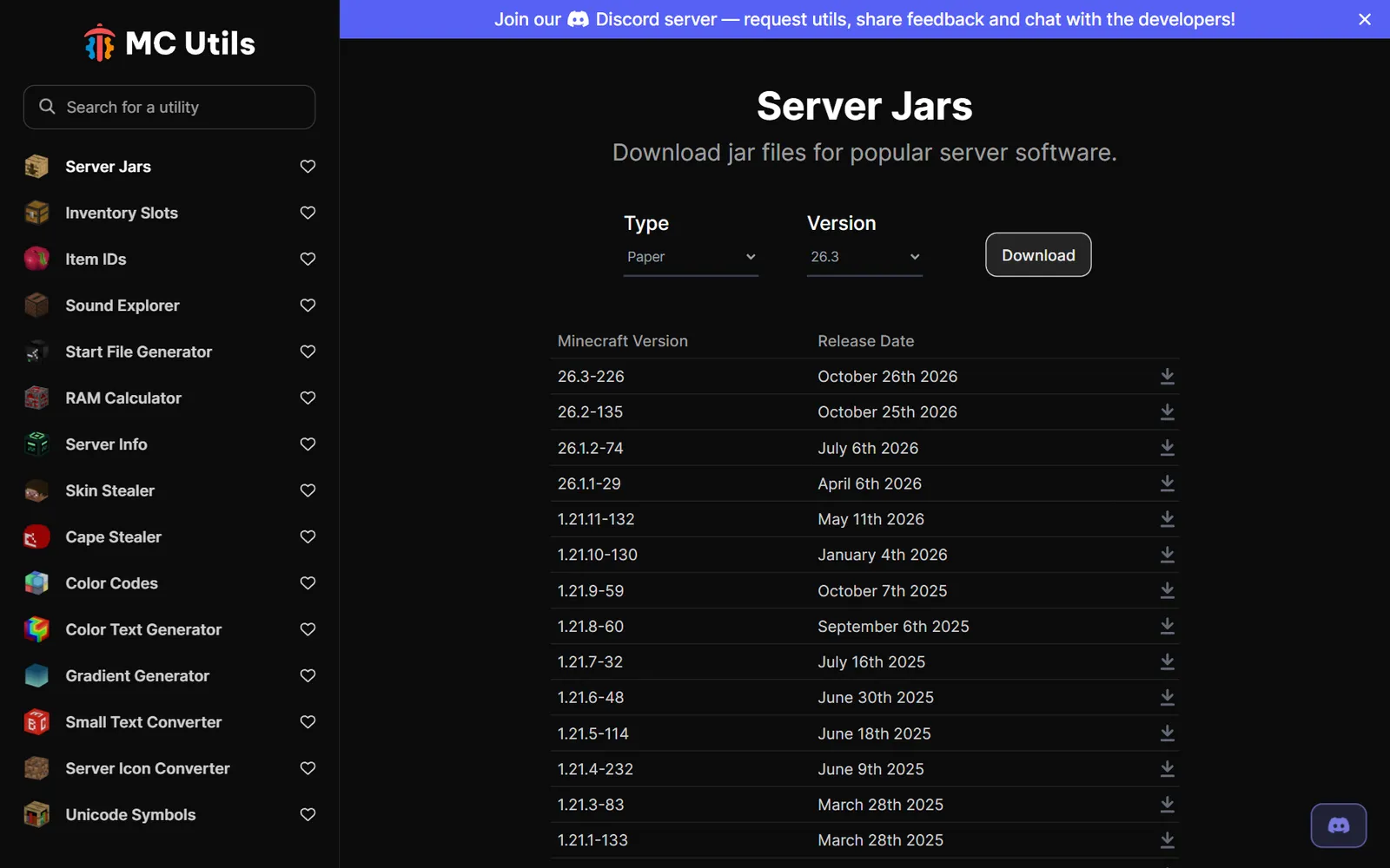 The Server Jars tool