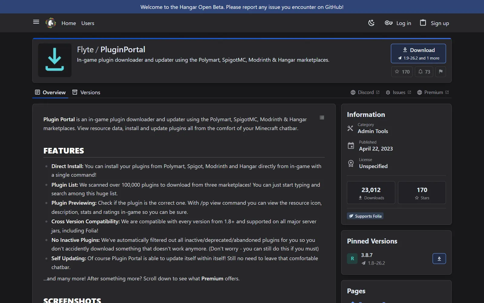 Plugin Portal on Hangar